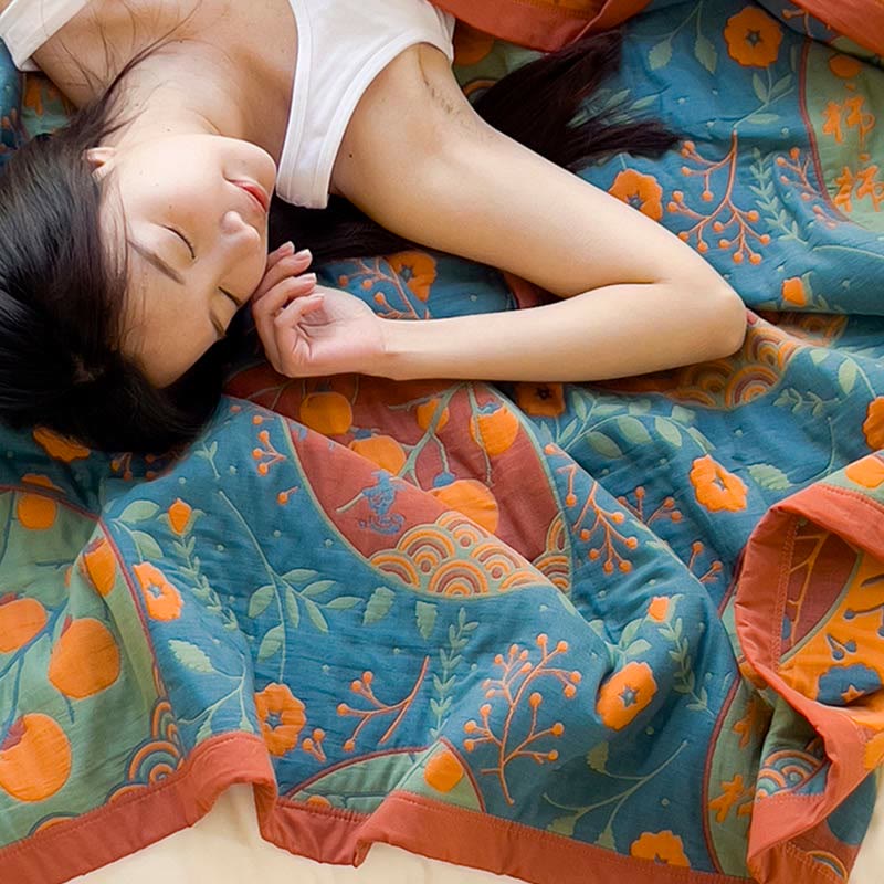 Reversible Persimmon Flower Cotton Quilt for Bed and Sofa Use