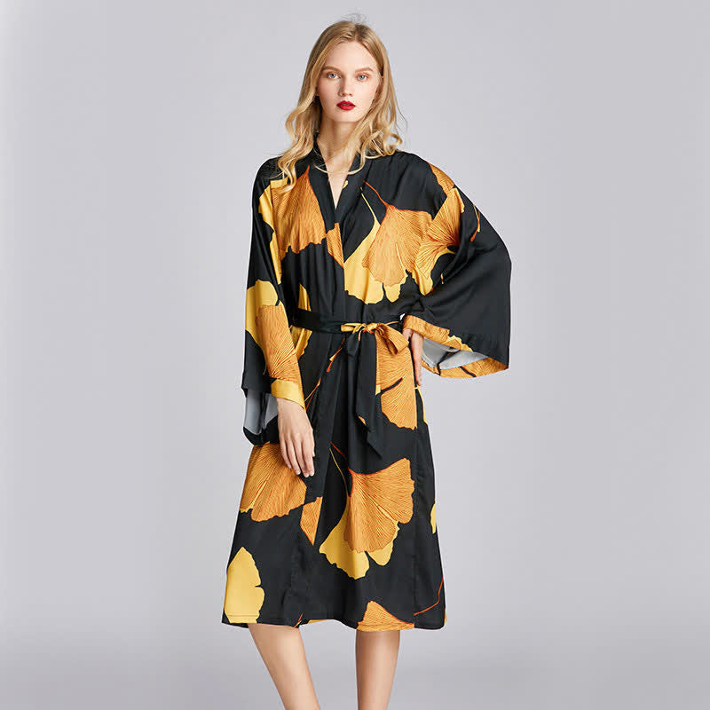 Lightweight V Neck Robe with Ginkgo Pattern for Lounge Wear