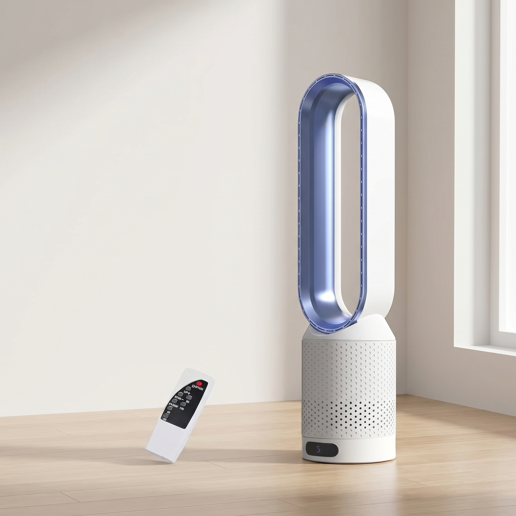 Air Purifier Bladeless Tower Fan, Leafless Tower Fan, 90° Oscillating Standing Fan with Remote, 8 Speeds, 120 Minutes Timer, LED Touch Screen, 22 Inches