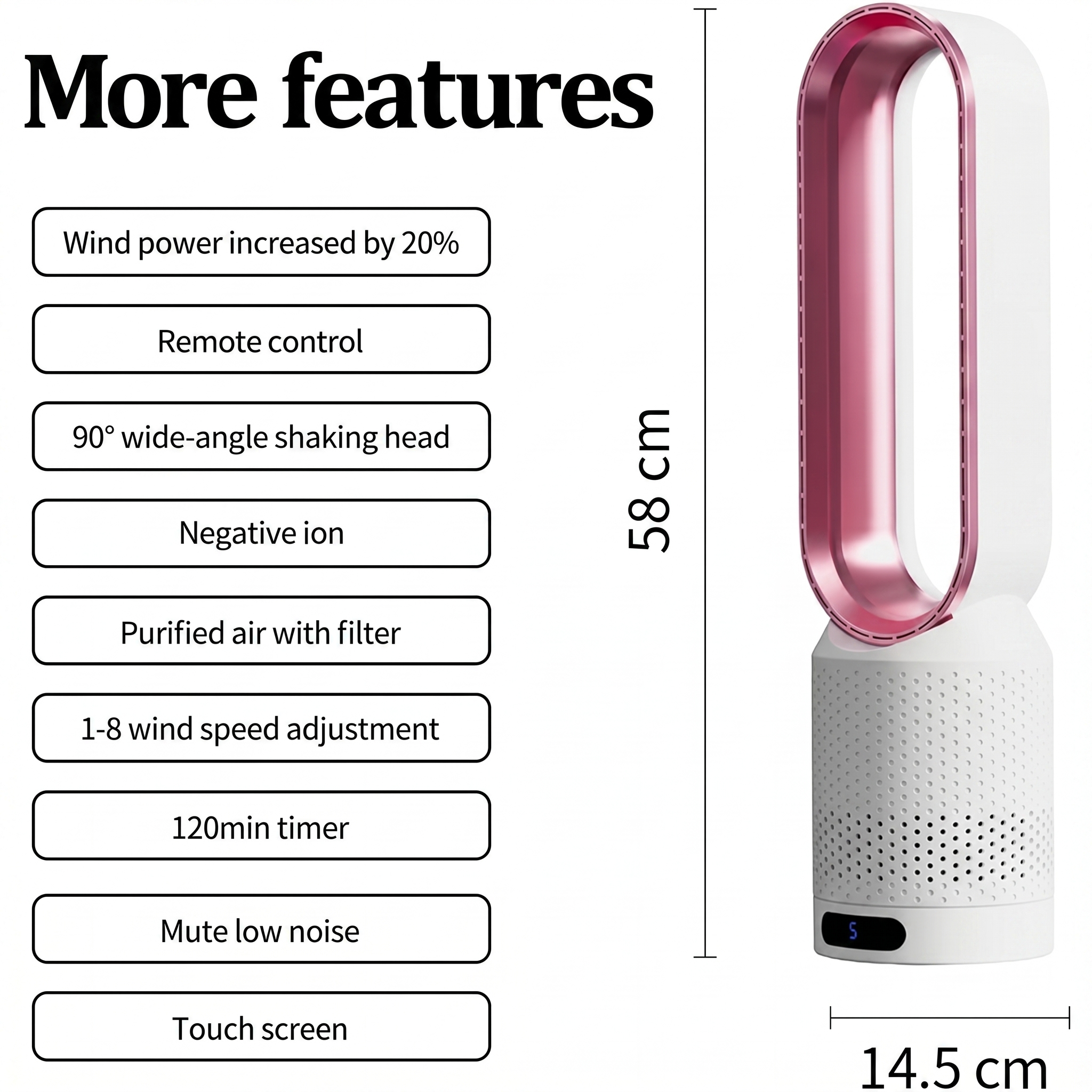 Air Purifier Bladeless Tower Fan, Leafless Tower Fan, 90° Oscillating Standing Fan with Remote, 8 Speeds, 120 Minutes Timer, LED Touch Screen, 22 Inches