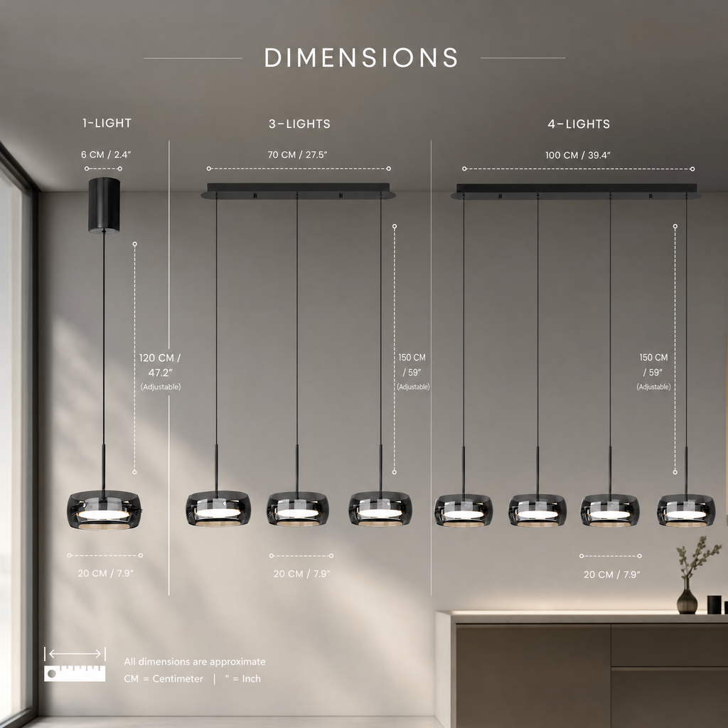Glass drum pendant light styled above a kitchen island