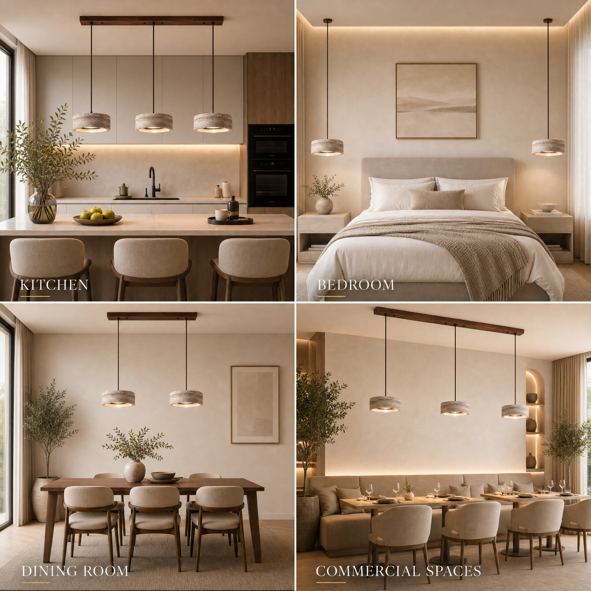 Travertine pendant light set to cool white over a dining table