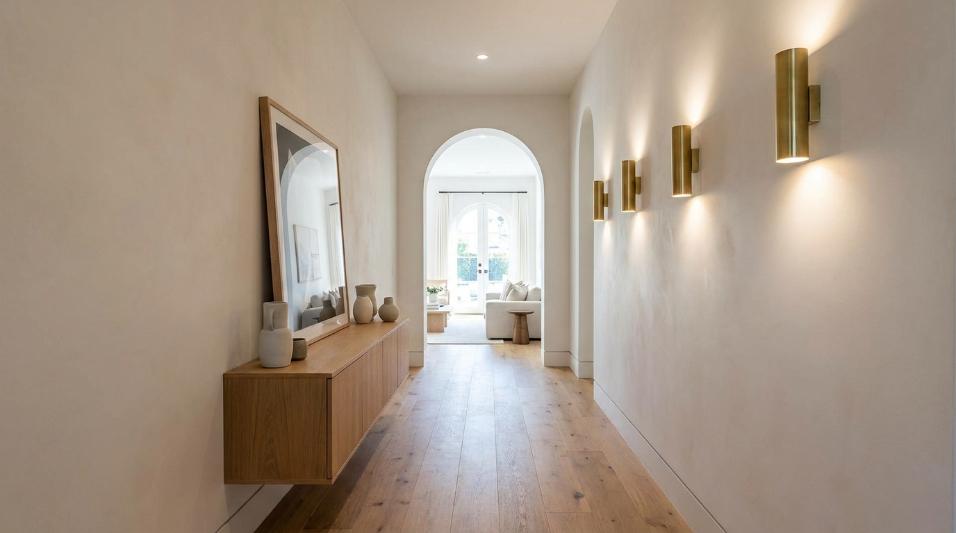 Elegant hallway with a row of wall sconces casting a warm glow