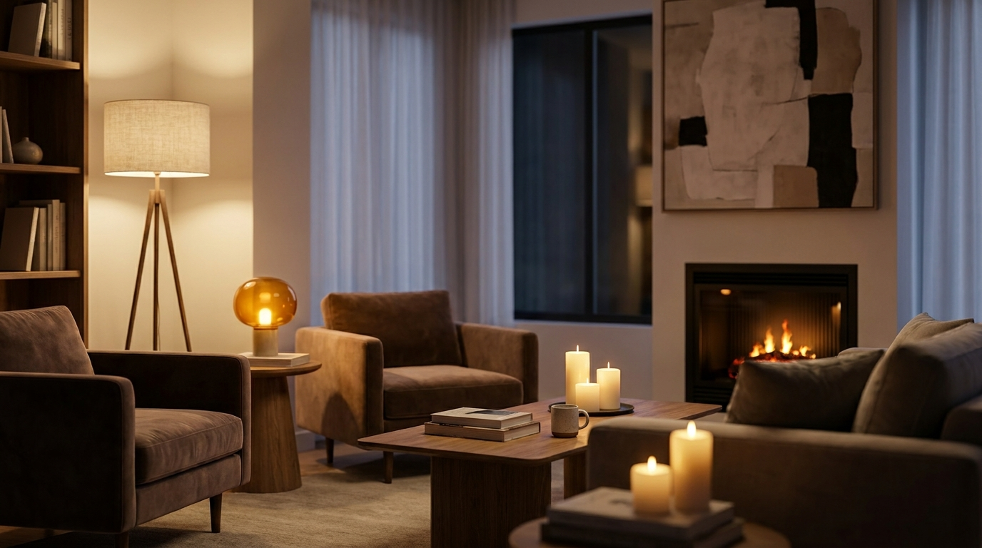 Living room with softly dimmed warm lighting for a relaxed mood