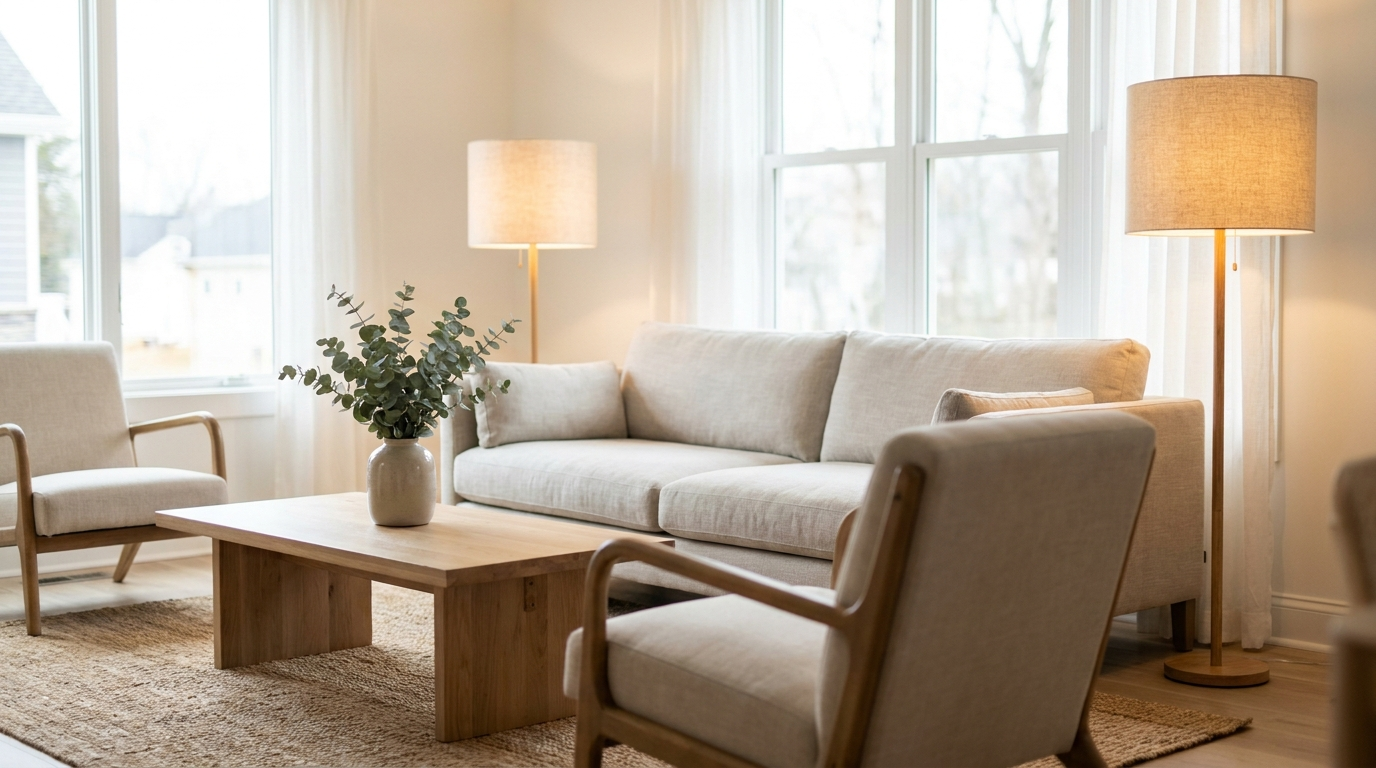 Bright modern living room at full brightness during daytime
