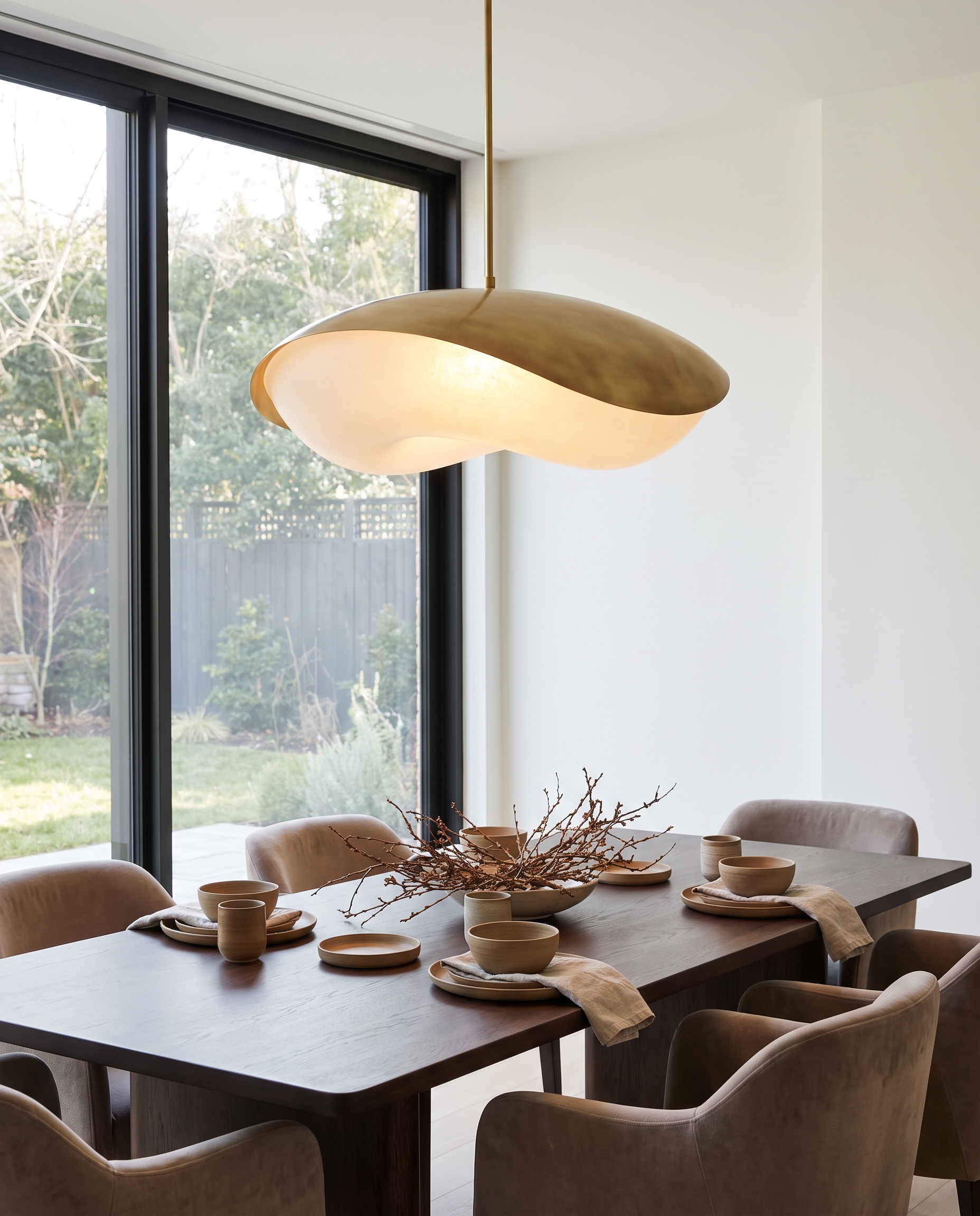 Designer pendant light above a dining table