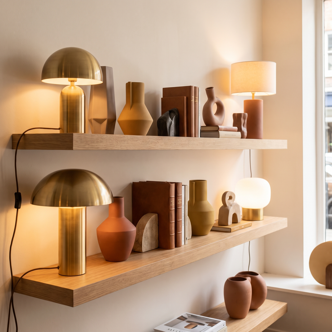Curated designer lamps and decor on a shelf