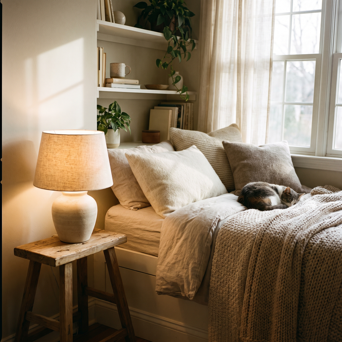 Warmly lit bedroom nook with a glowing table lamp