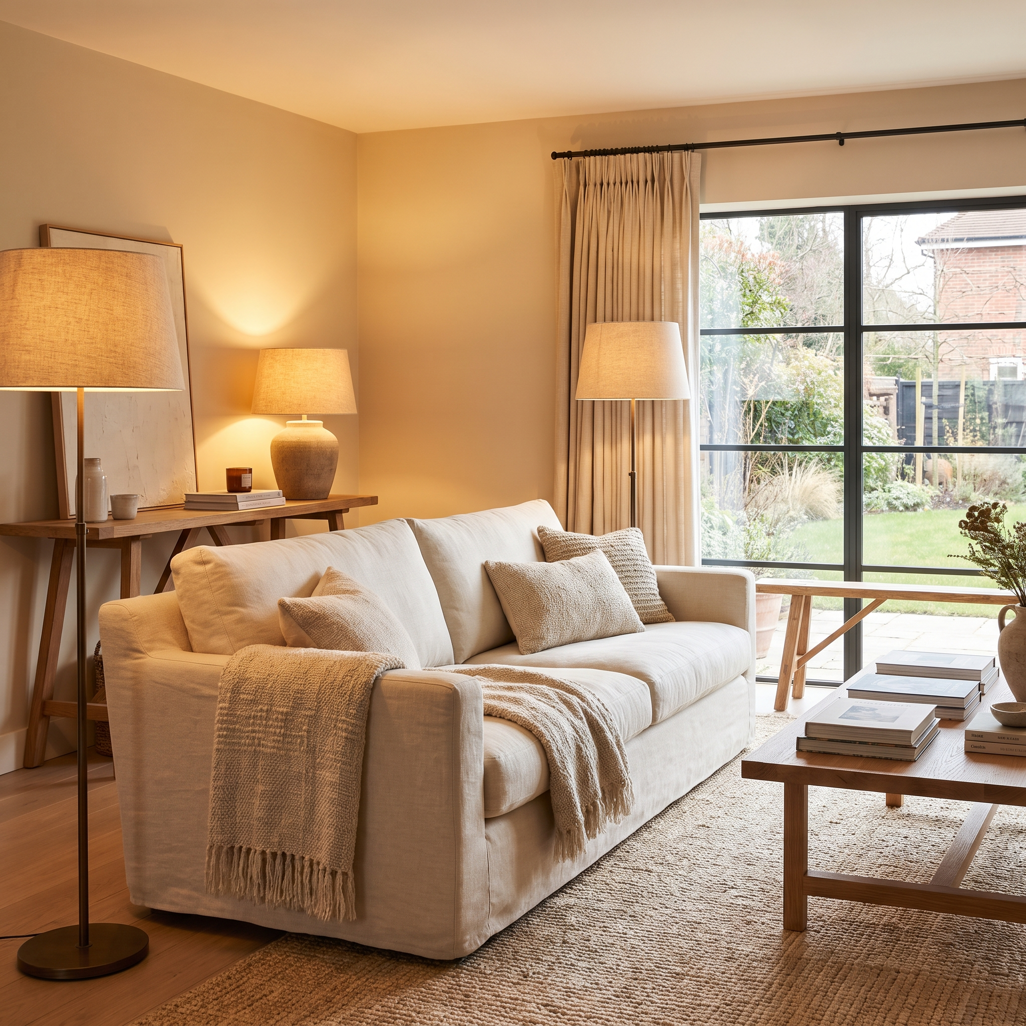 Bright welcoming living space with soft warm lighting