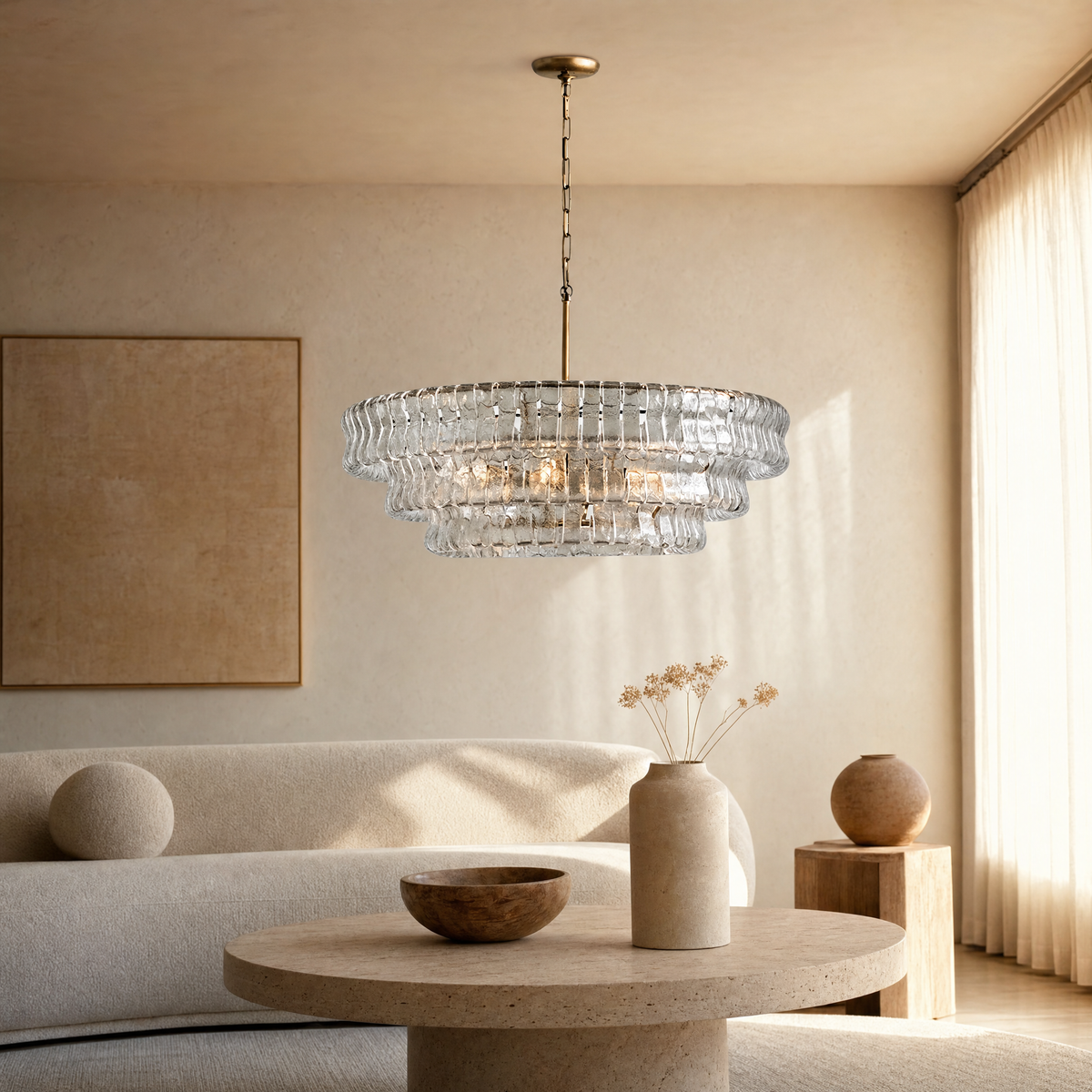 Ghiaccio tiered ribbed glass chandelier over a cream bouclé sofa and travertine coffee table at golden hour