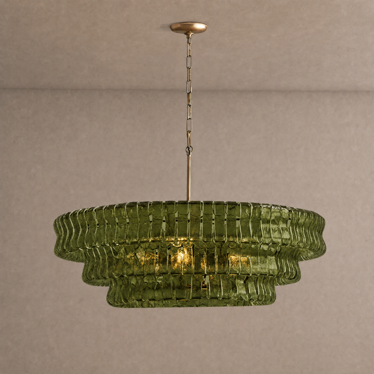 Ghiaccio round chandelier in olive green ribbed hand-blown glass with antique brass chain