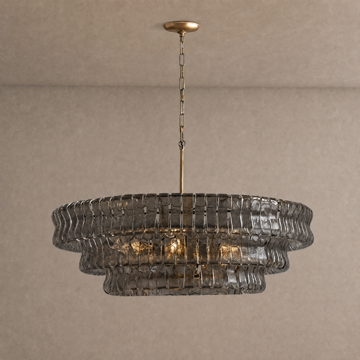 Ghiaccio round chandelier in smoke gray ribbed hand-blown glass with antique brass chain