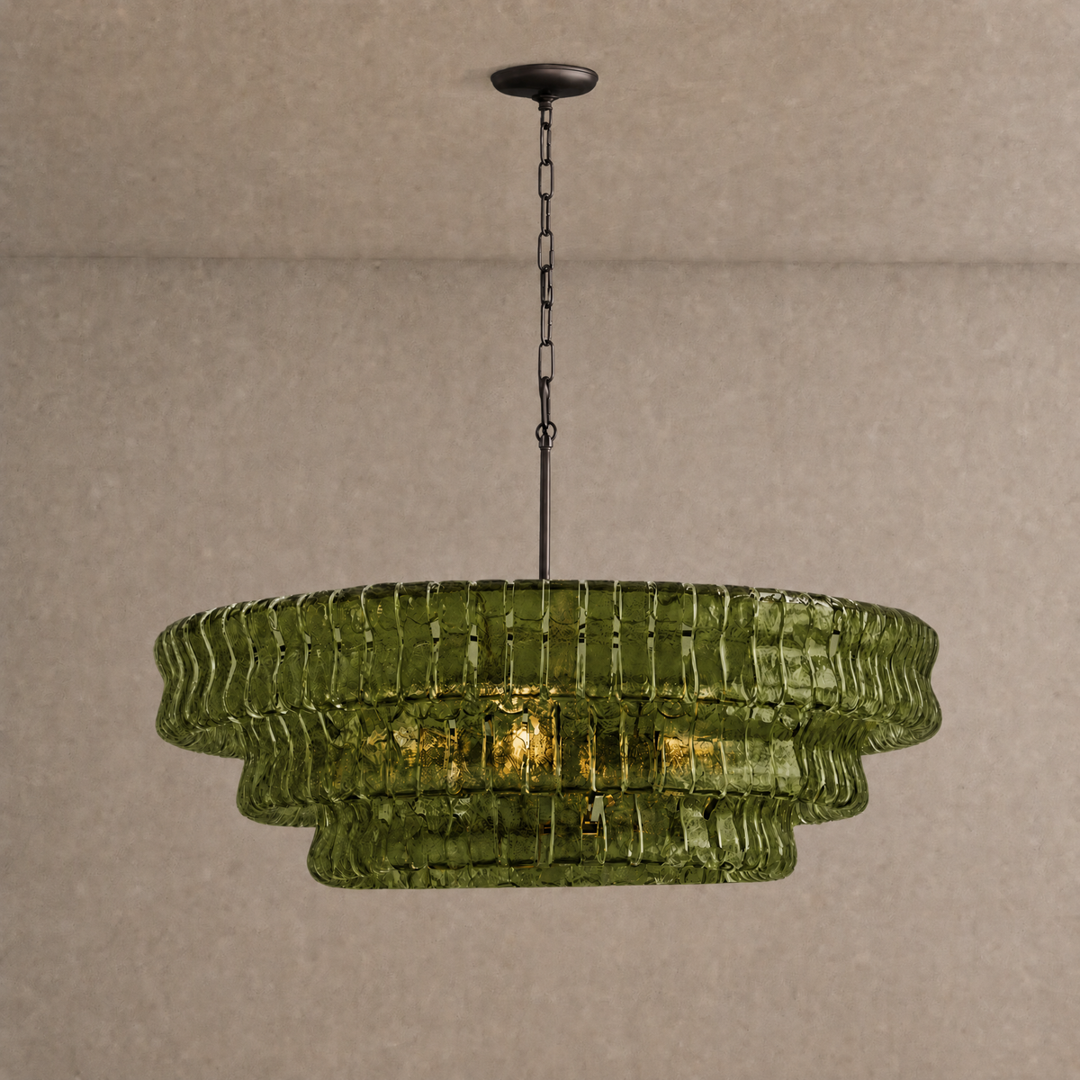 Ghiaccio round chandelier in olive green ribbed hand-blown glass with dark bronze chain and canopy
