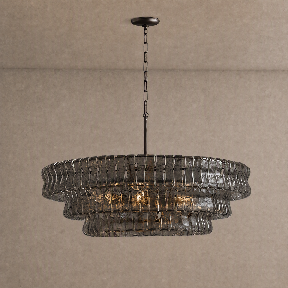 Ghiaccio round chandelier in smoke gray ribbed hand-blown glass with dark bronze chain and canopy