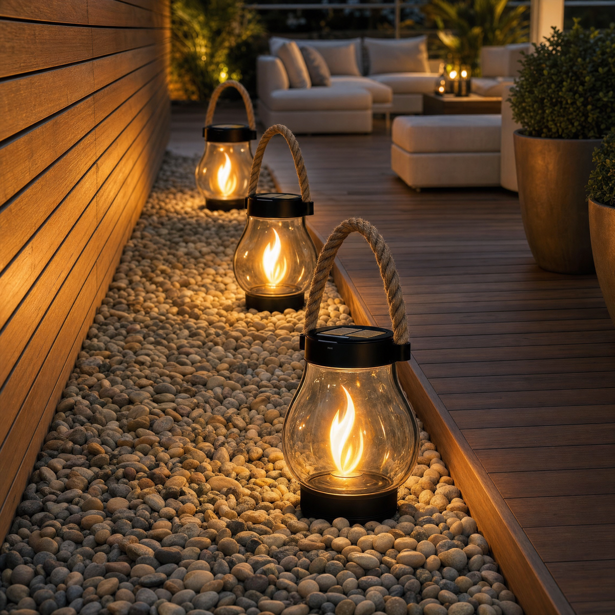 Three solar flame lanterns lighting a pebble border along a wooden patio deck at night
