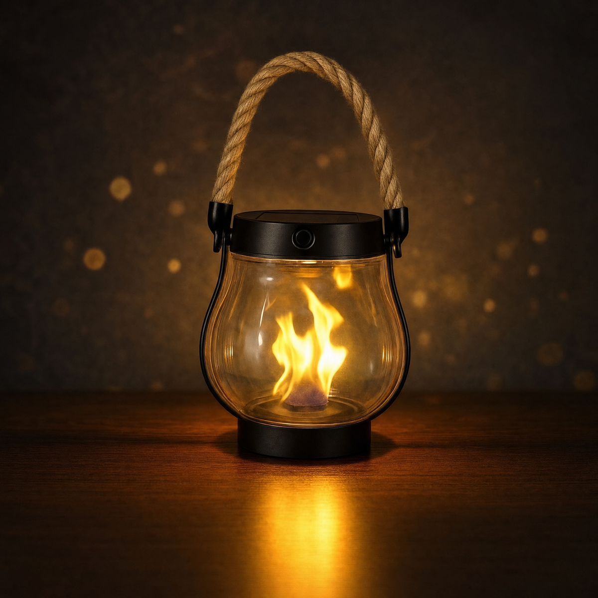 Solar flame lantern with rope handle glowing with a warm flickering LED flame on a dark wooden surface