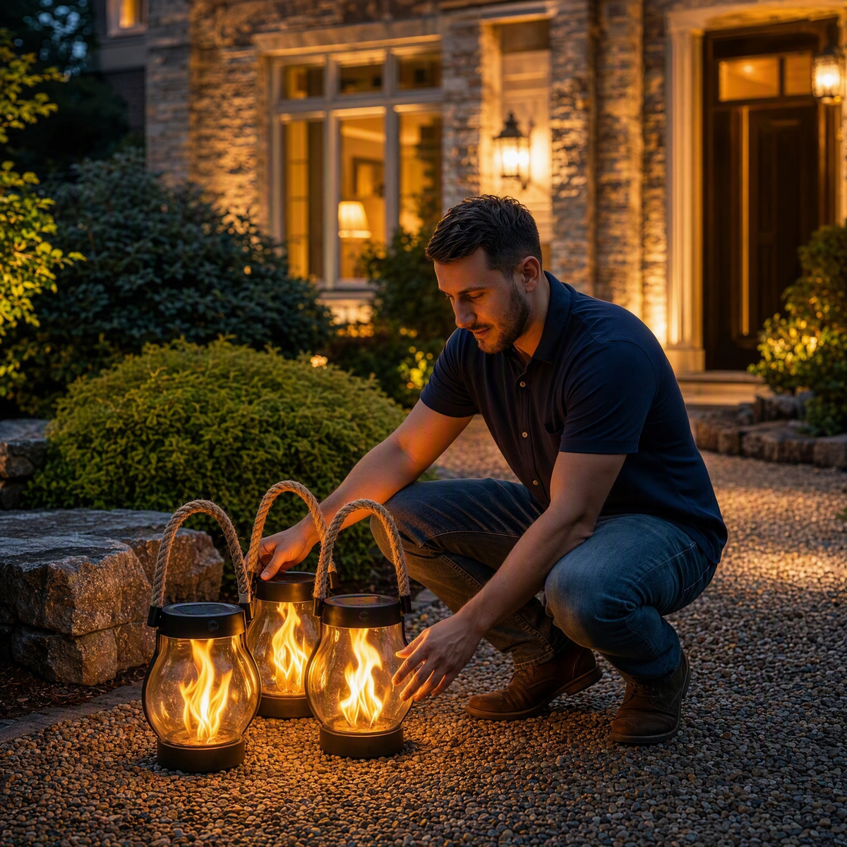 Man placing three solar flame lanterns along a gravel front-yard path at dusk