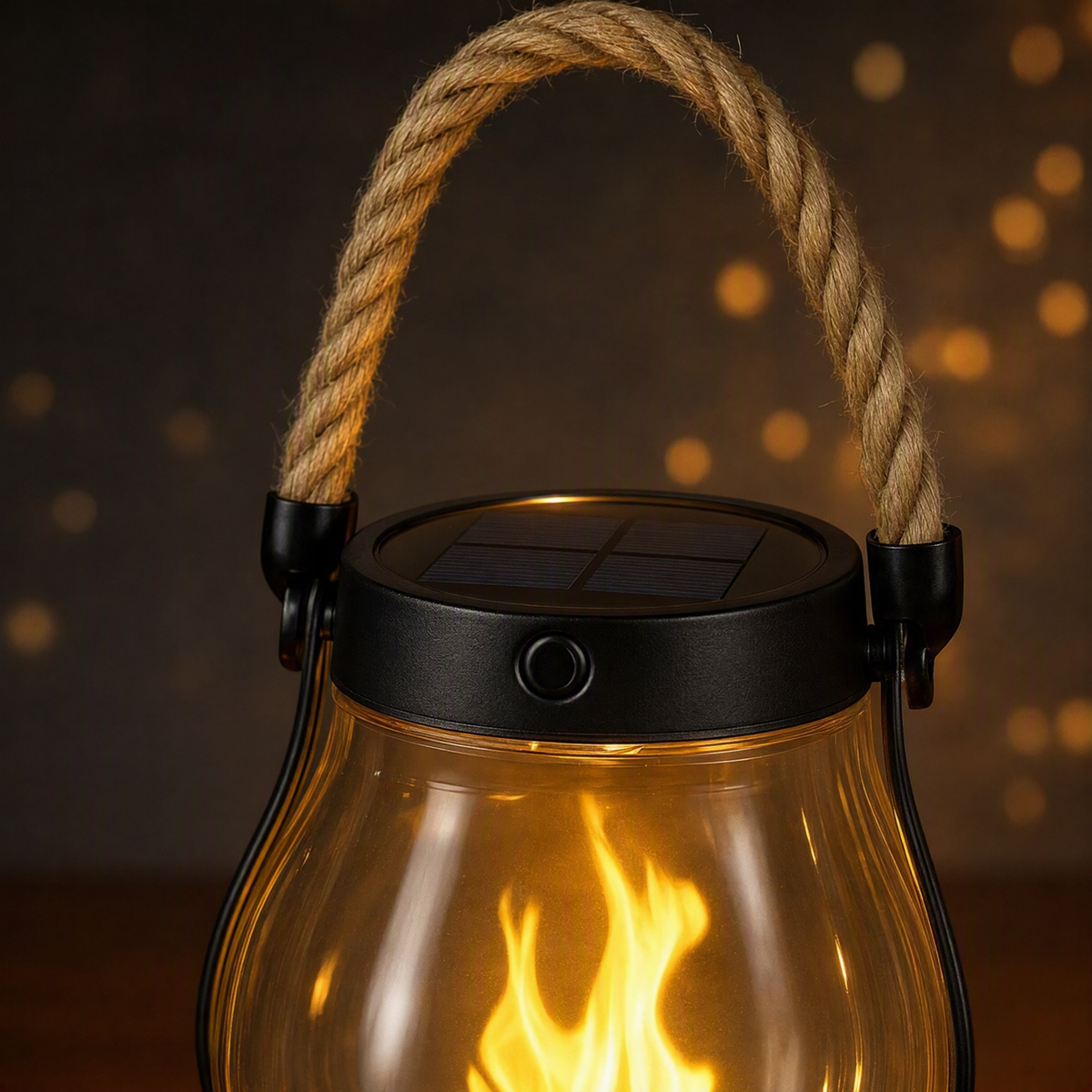 Close-up of the solar panel lid, rope handle and flickering LED flame of the solar flame lantern