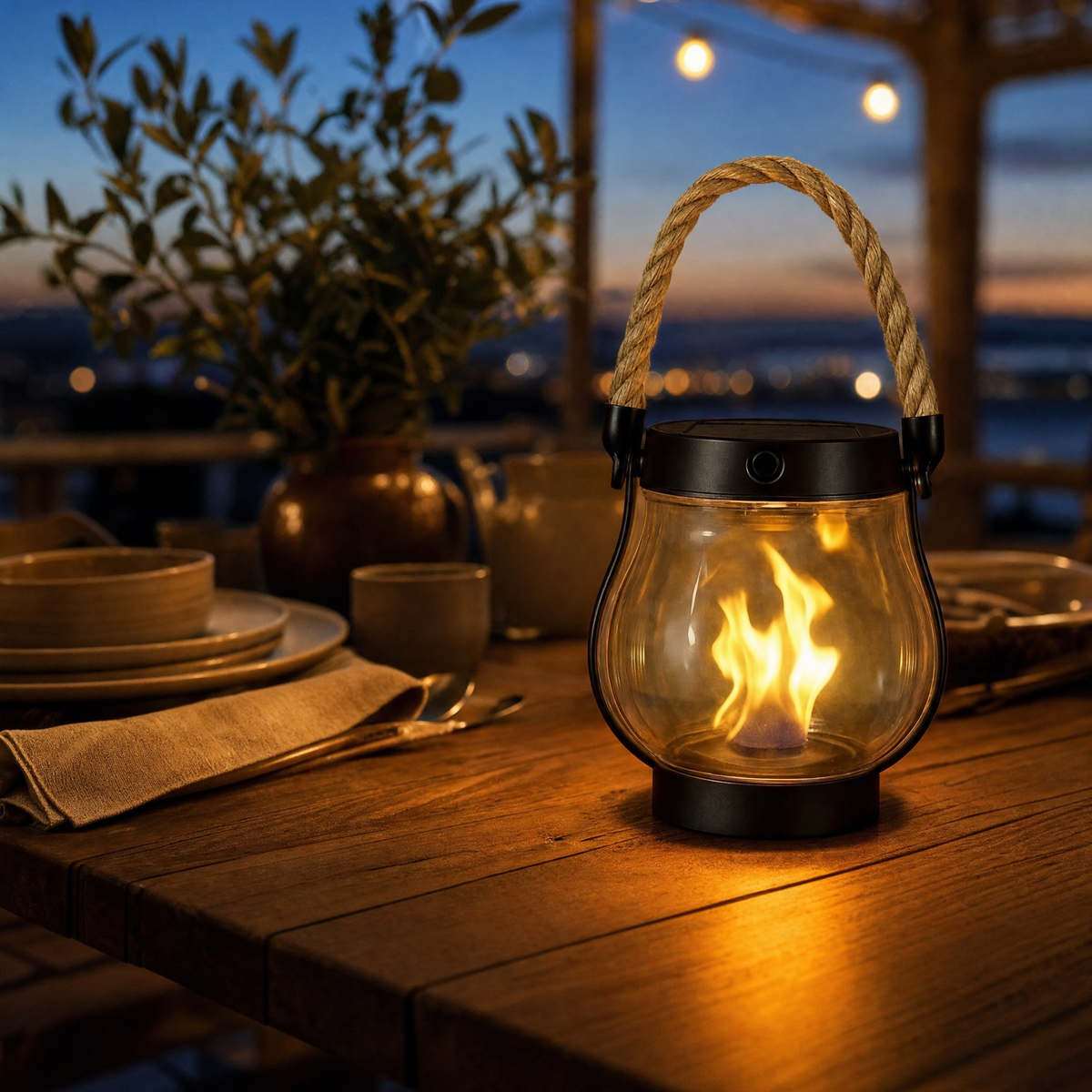 Solar flame lantern on a teak outdoor dining table at dusk with string lights in the background
