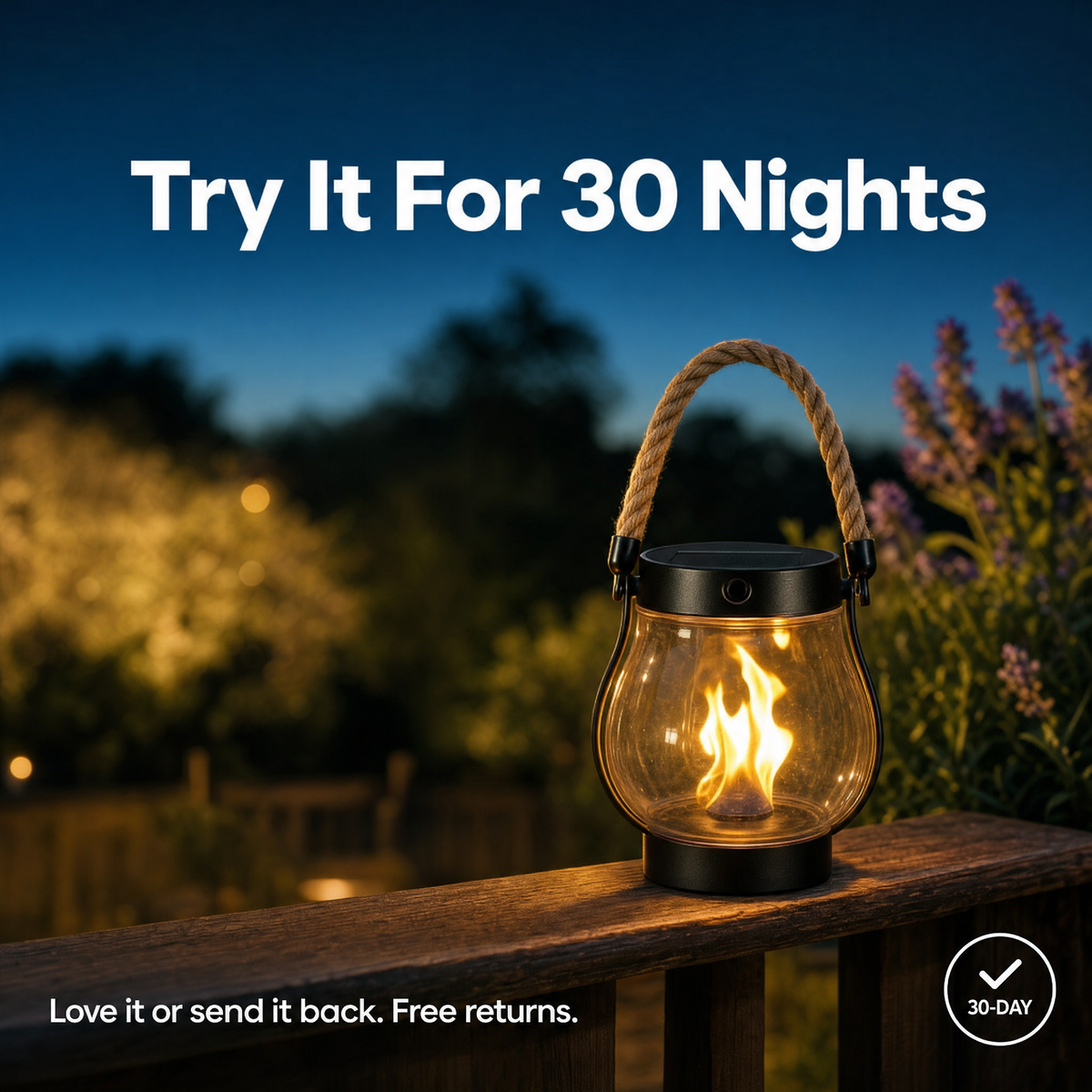 Try the solar flame lantern for 30 nights — free returns, 30-day guarantee