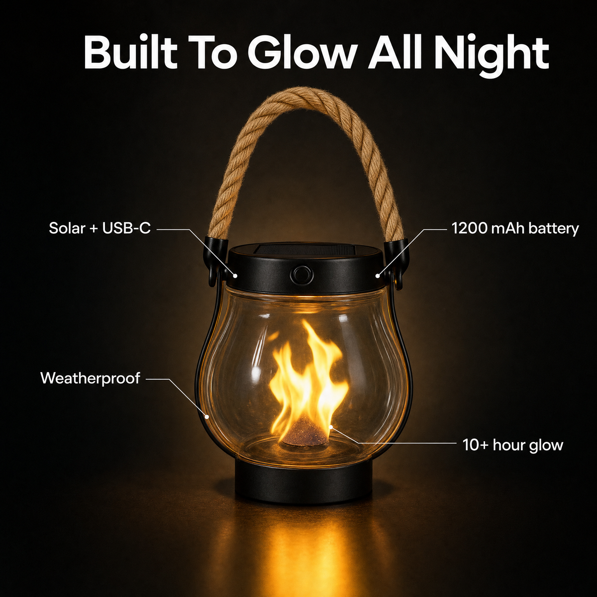 Solar flame lantern specs: solar + USB-C, 1200 mAh battery, 10+ hour glow, weatherproof