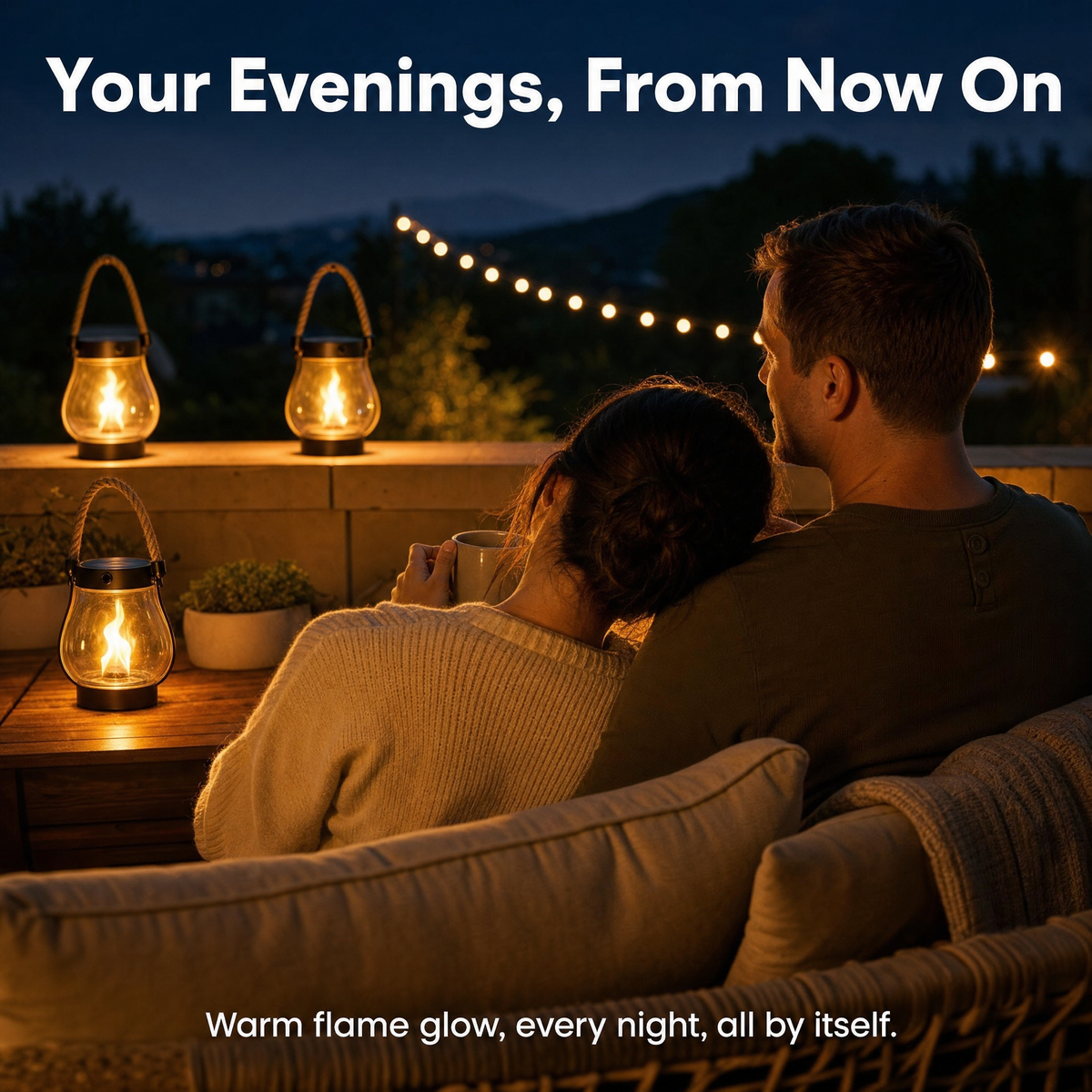 Couple enjoying their evening on the patio lit by solar flame lanterns