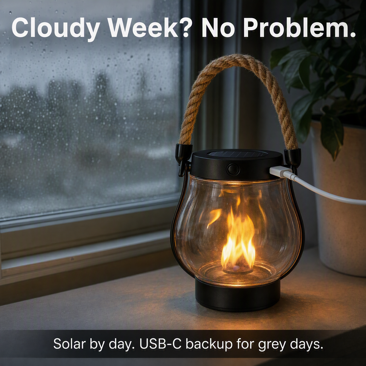 Cloudy week? No problem — solar flame lantern charging by USB-C on a rainy day