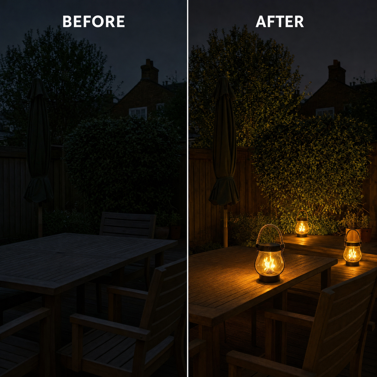 Before and after: dark patio transformed by warm solar flame lanterns at night