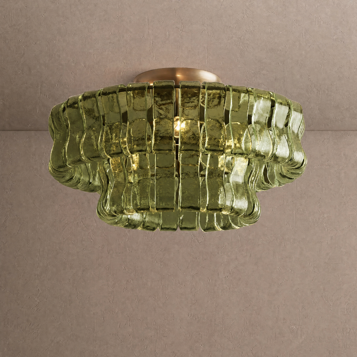 Ghiaccio flushmount ceiling light in olive green ribbed hand-blown glass