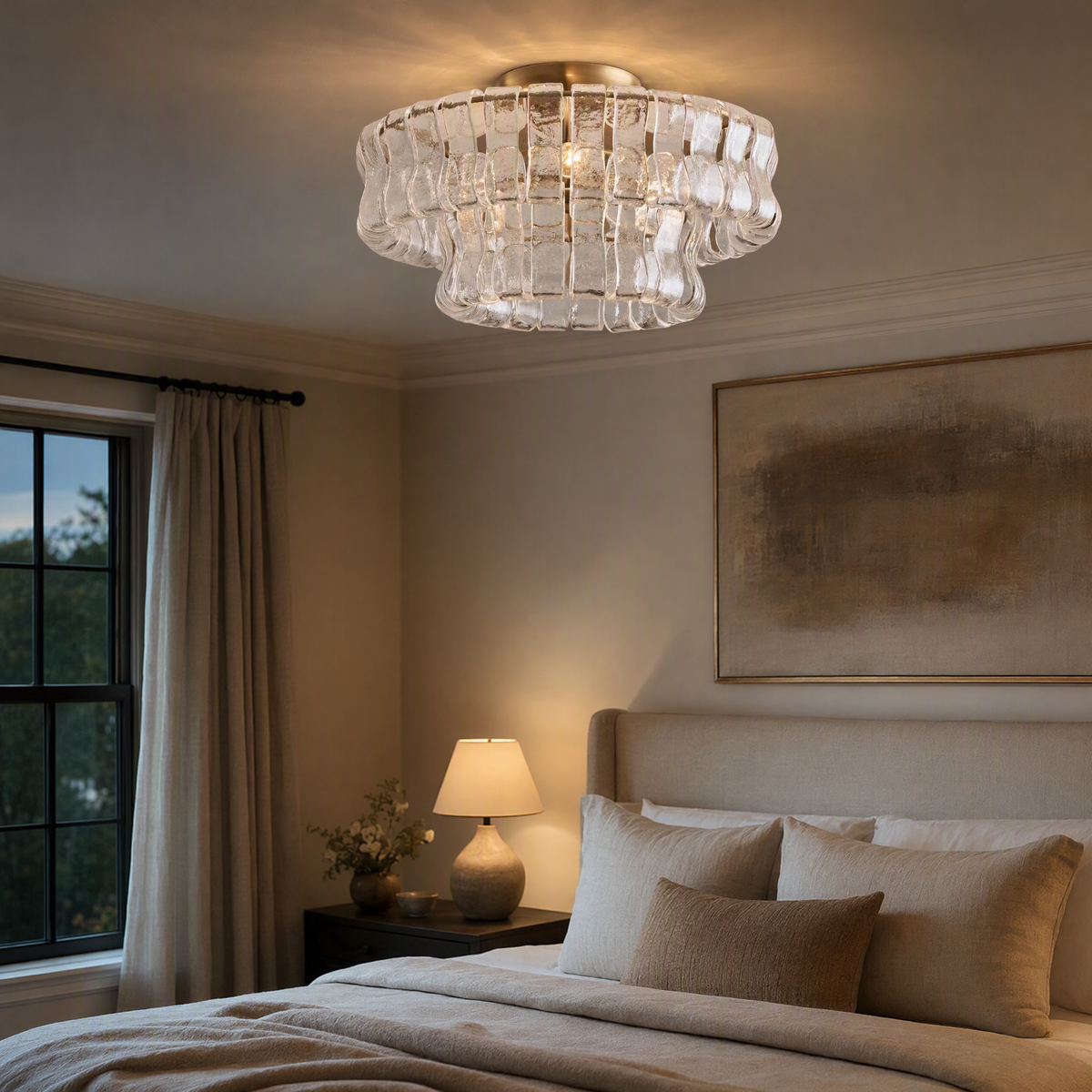 Ghiaccio flushmount glowing on the ceiling of a serene bedroom at dusk
