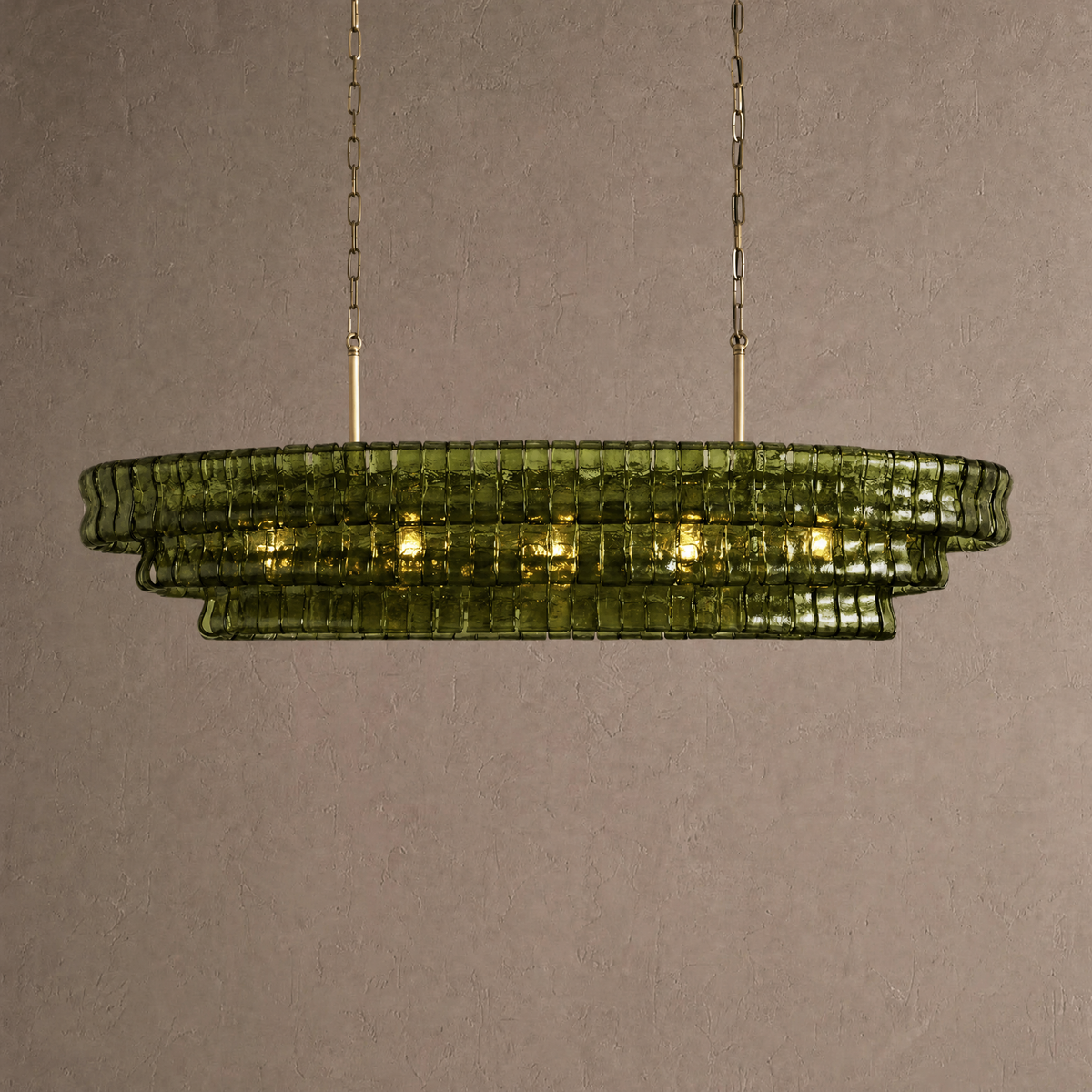 Ghiaccio oval chandelier in olive green ribbed hand-blown glass with twin brass chains