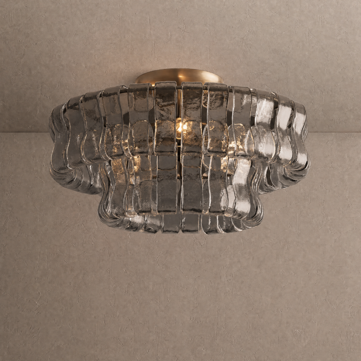 Ghiaccio flushmount ceiling light in smoke gray ribbed hand-blown glass