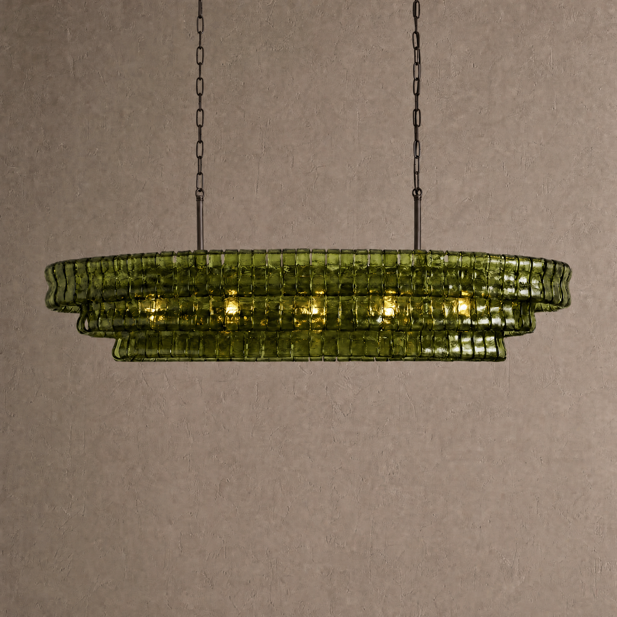 Ghiaccio oval chandelier in olive green ribbed glass with dark bronze chains