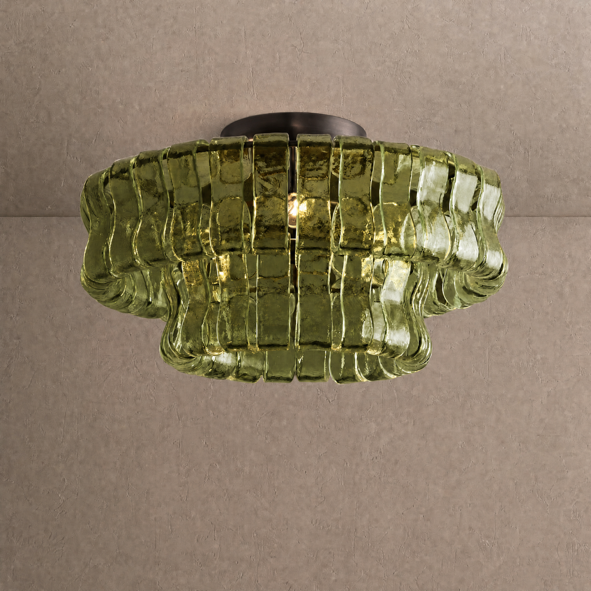 Ghiaccio flushmount in olive green ribbed glass on a dark bronze ceiling base