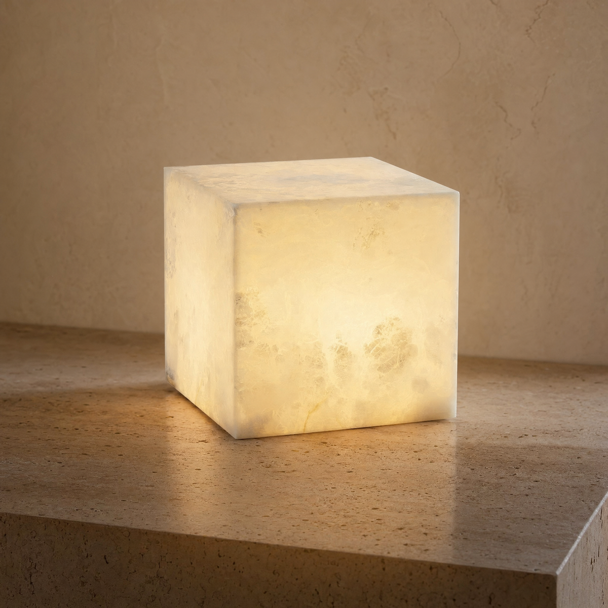 Solid alabaster cube table lamp glowing on a travertine surface