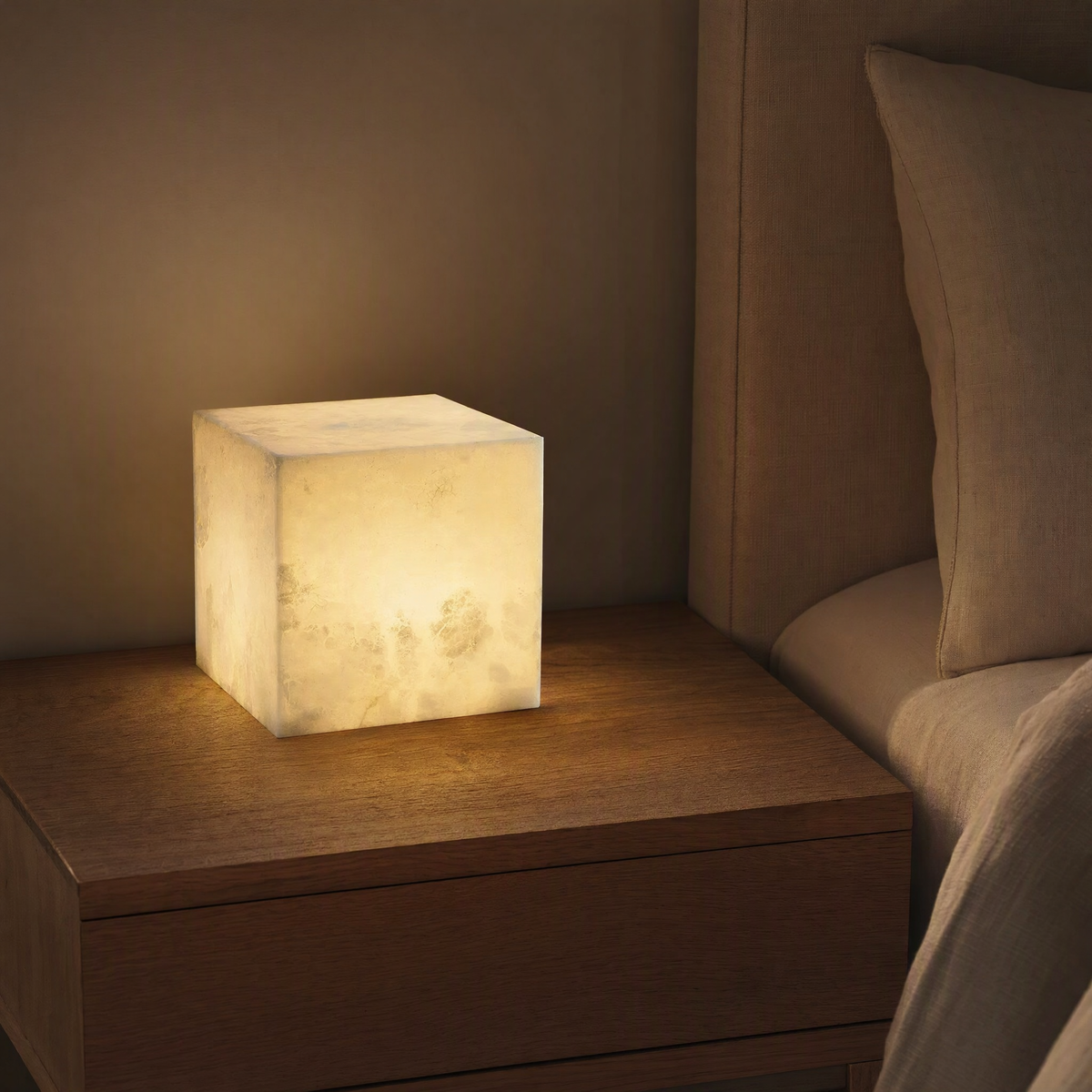 Alabaster cube lamp glowing on a wooden nightstand beside a bed in a dim evening bedroom