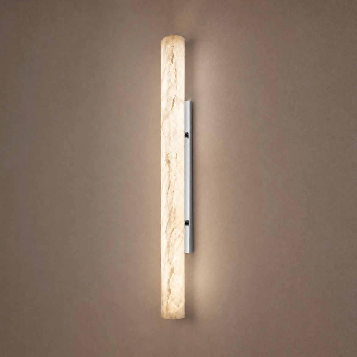 Alabaster pillar sconce with polished chrome back plate, lit
