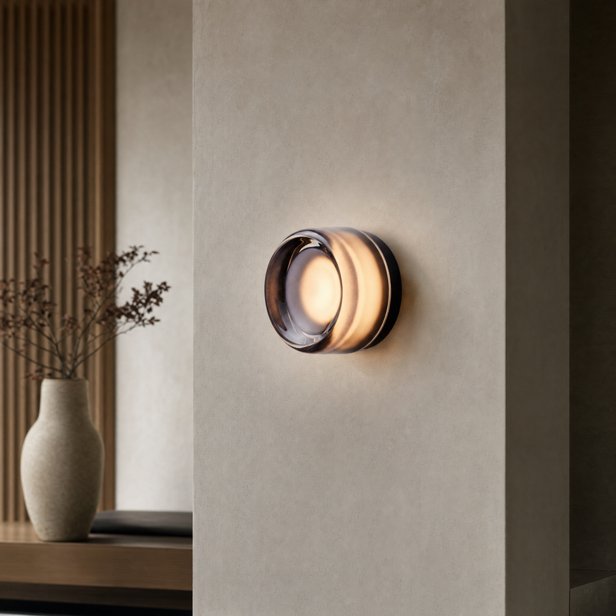 Vela modular wall sconce in Smoke on a taupe microcement wall in a modern entryway