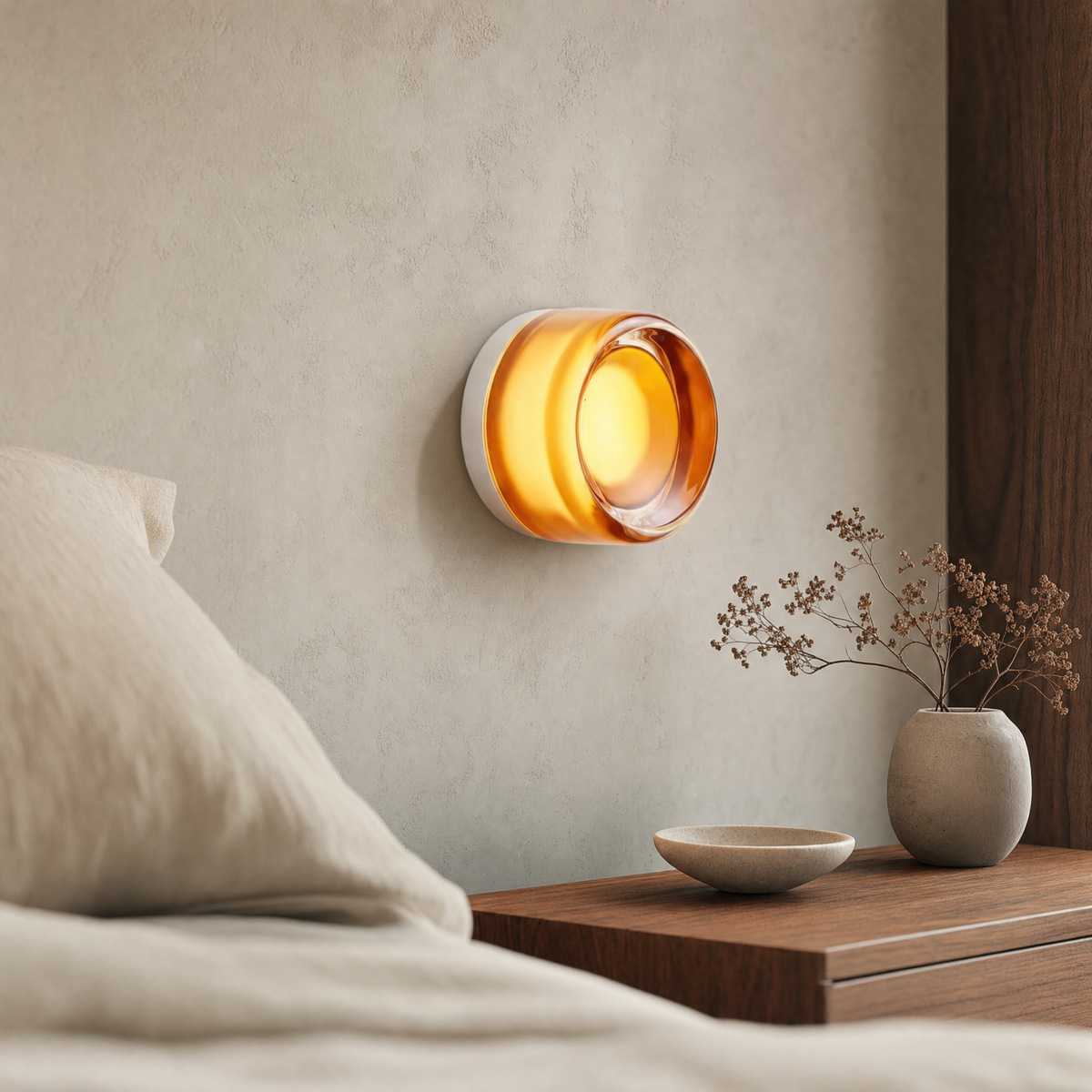 Vela modular wall sconce in Amber glowing above a walnut nightstand in a premium bedroom