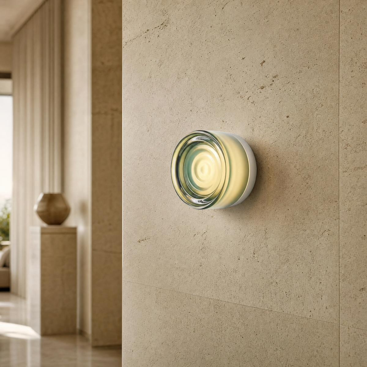 Vela modular wall sconce in Jade glowing on an elegant travertine stone wall