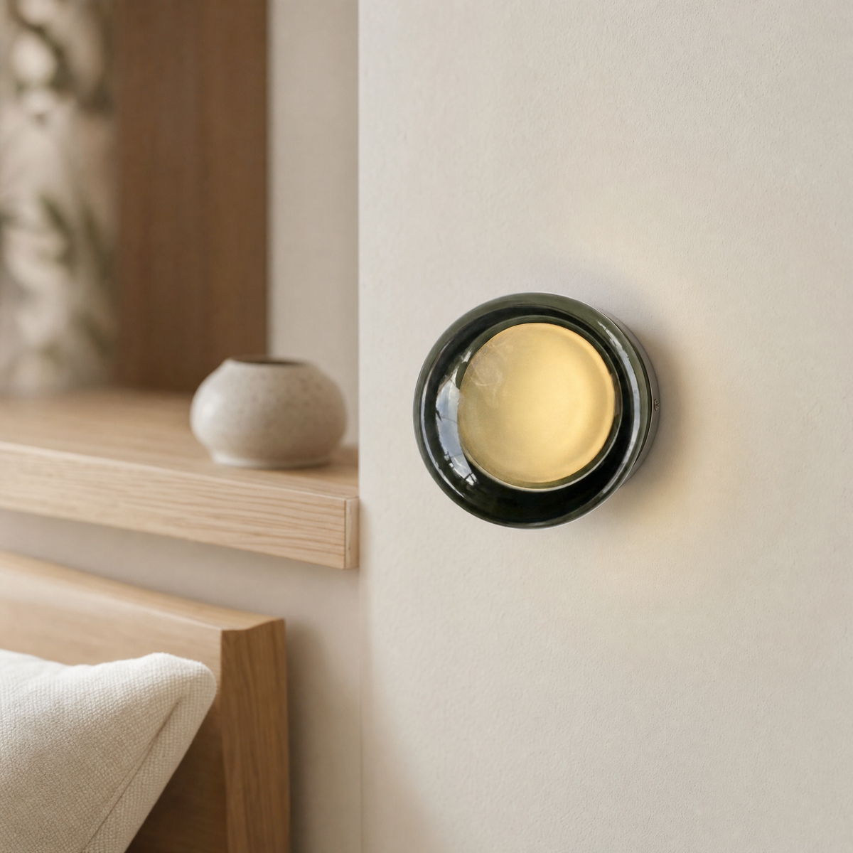 Vela modular wall sconce in Green mounted in a serene Japandi bedroom corner