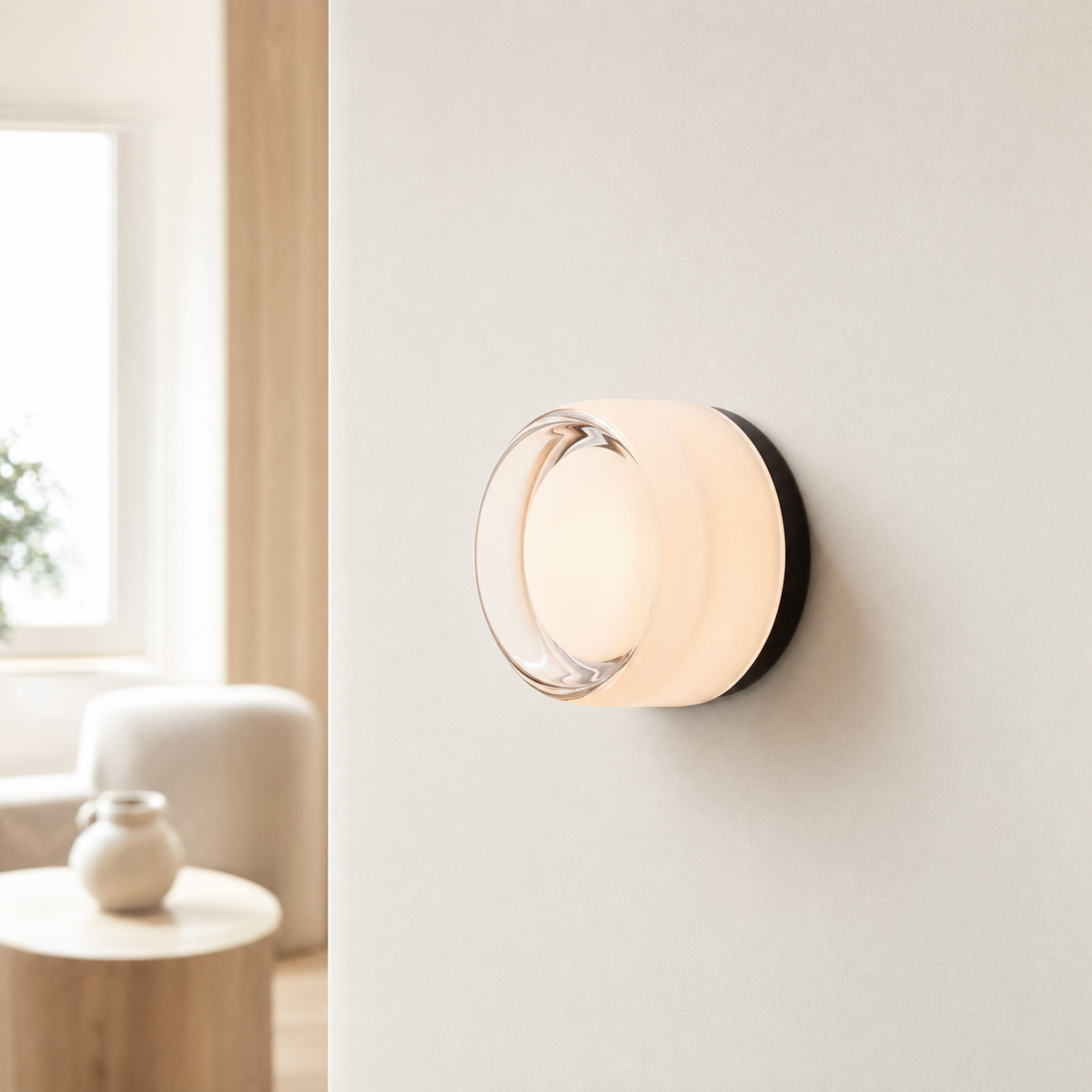 Vela modular wall sconce in White glowing softly in a bright airy interior with oak accents