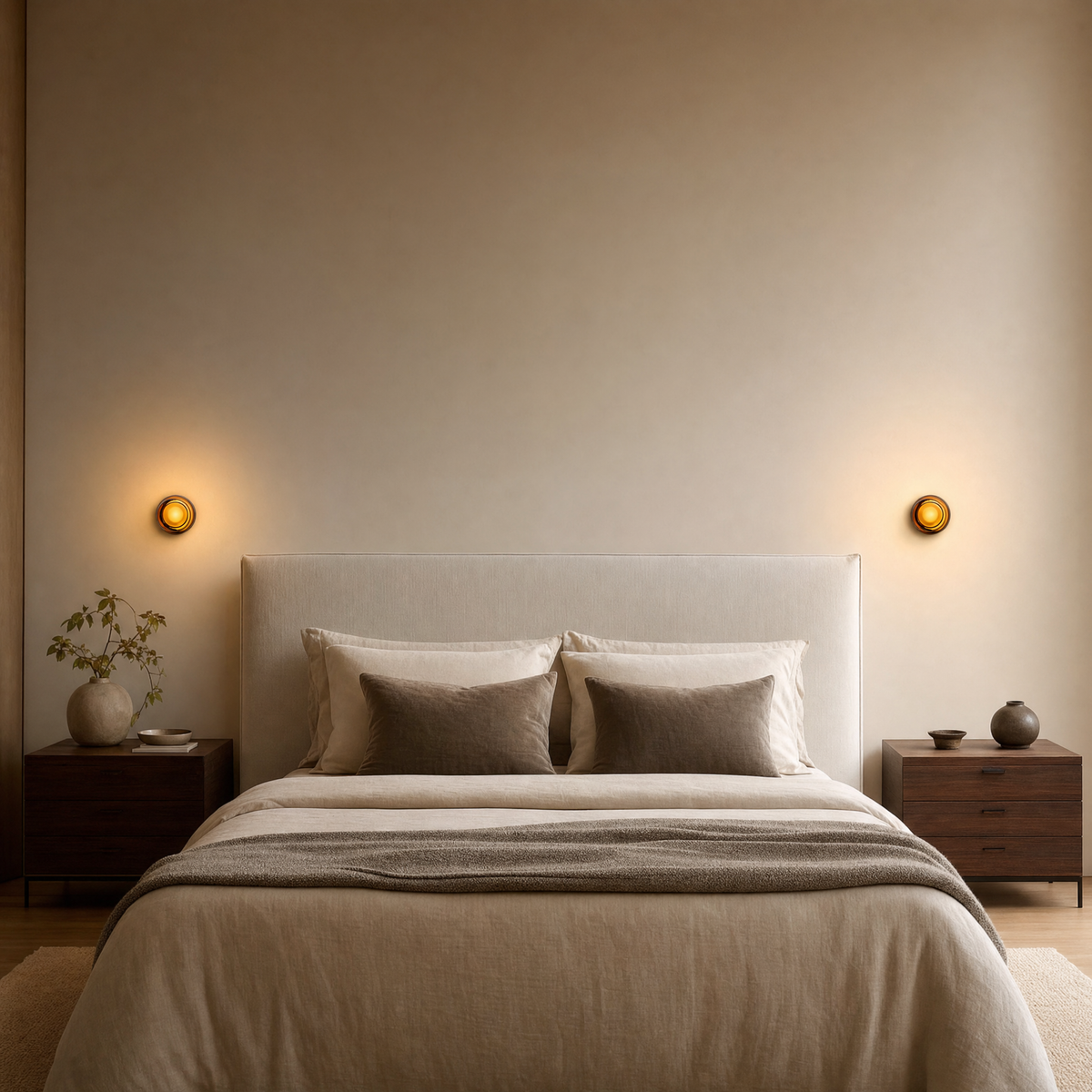 Pair of compact Vela wall sconces in Black Amber mounted at reading height above walnut nightstands flanking a bed