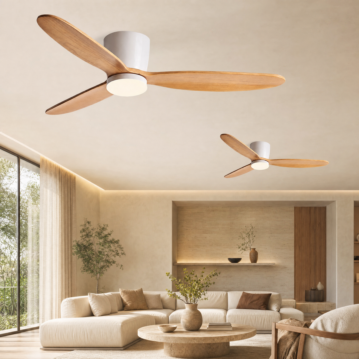 Ceiling fan with LED light, white housing and light wood blades, in a modern living room