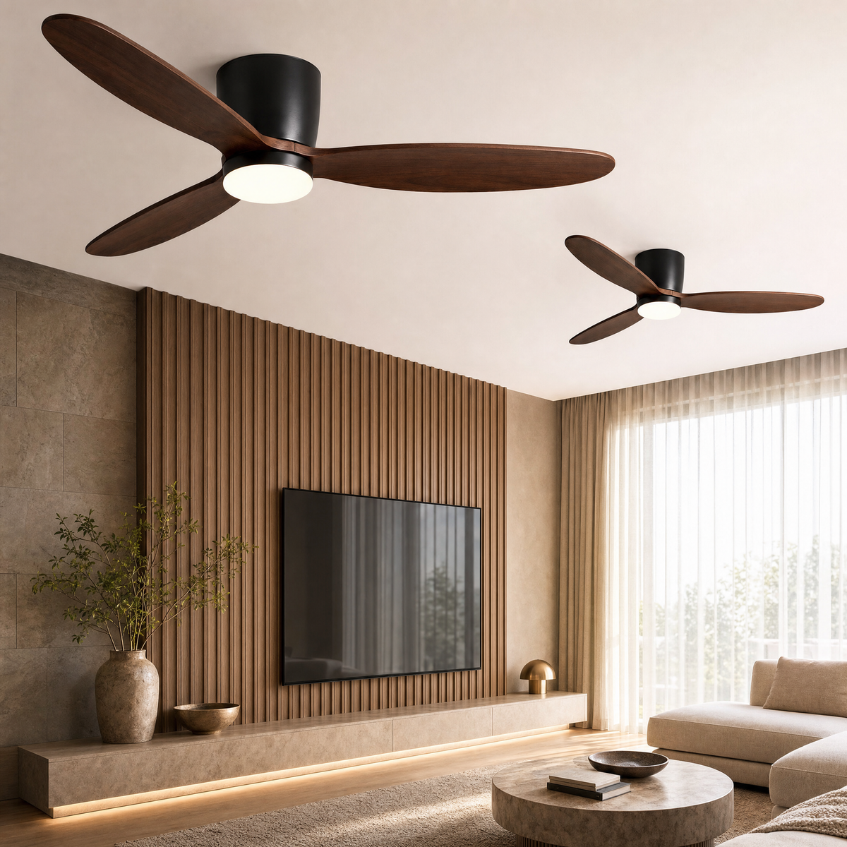 Ceiling fan with LED light, black housing and walnut blades, in a modern living room