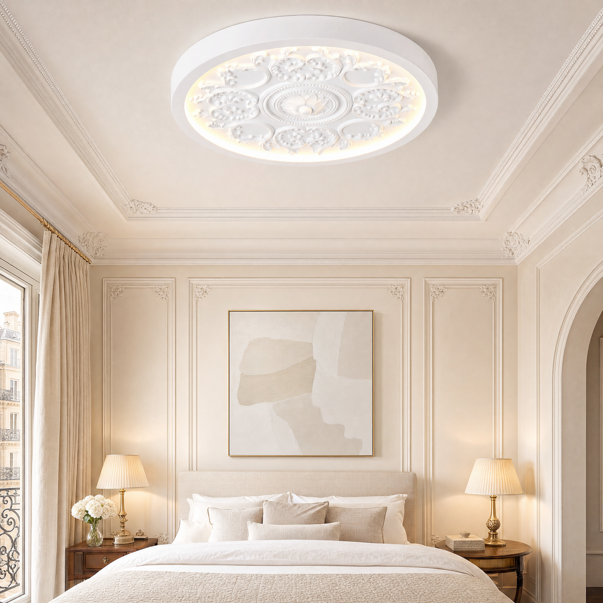 White carved flush mount ceiling light in a classic bedroom with wall moldings
