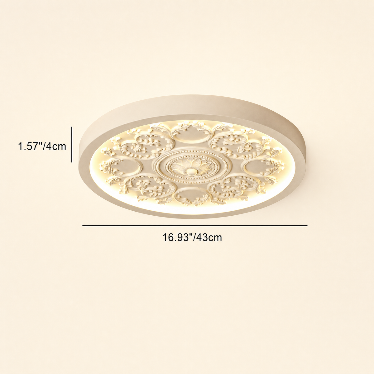 Flush mount ceiling light dimensions: 16.93 in / 43 cm wide, 1.57 in / 4 cm high