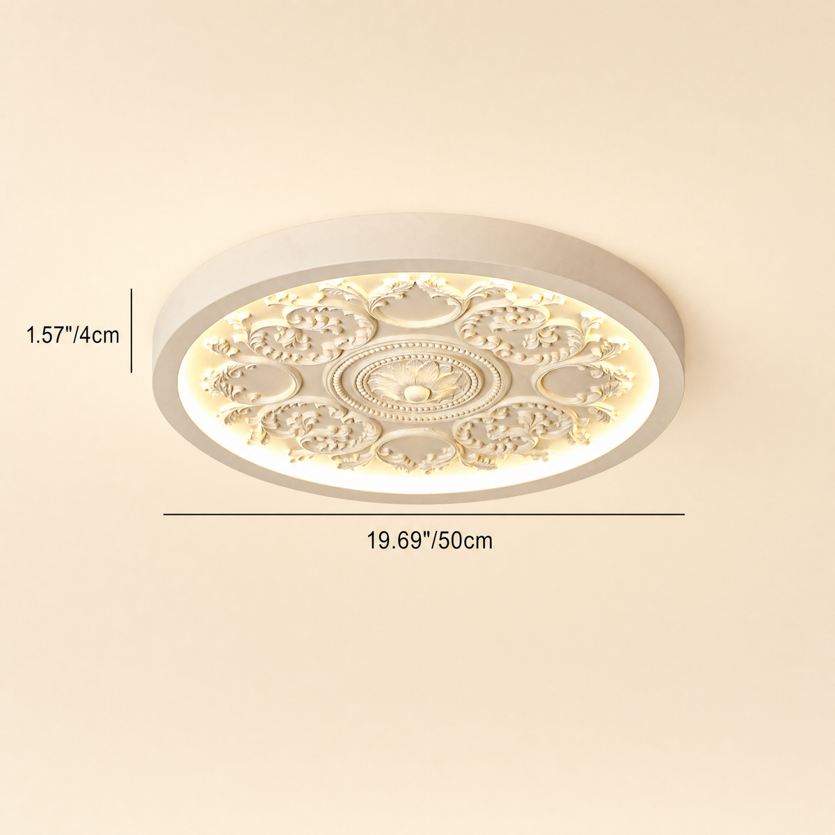 Flush mount ceiling light dimensions: 19.69 in / 50 cm wide, 1.57 in / 4 cm high