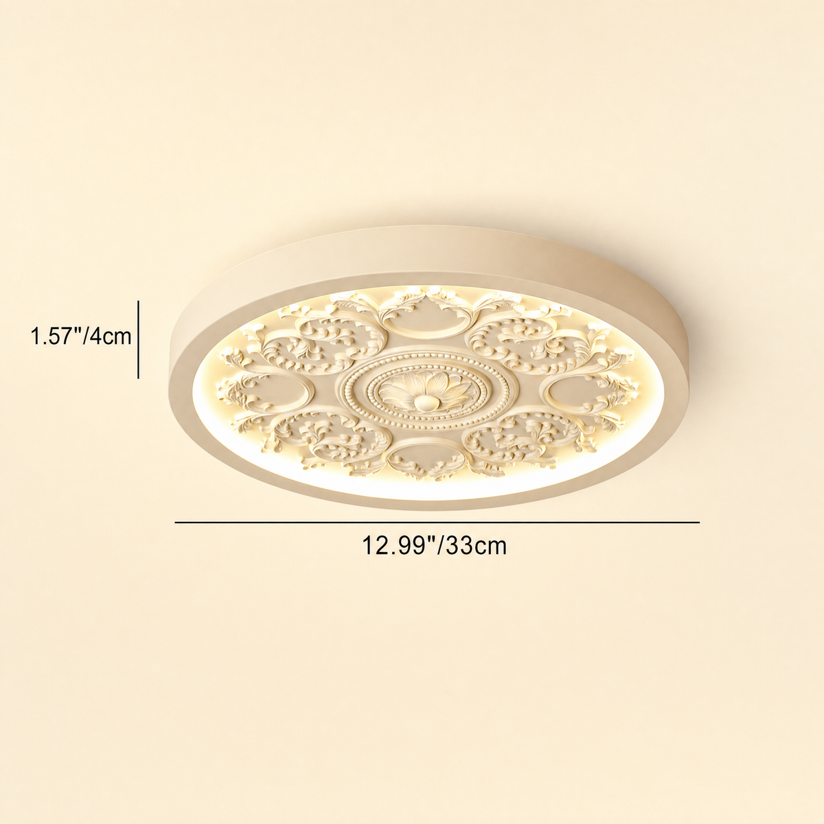 Flush mount ceiling light dimensions: 12.99 in / 33 cm wide, 1.57 in / 4 cm high