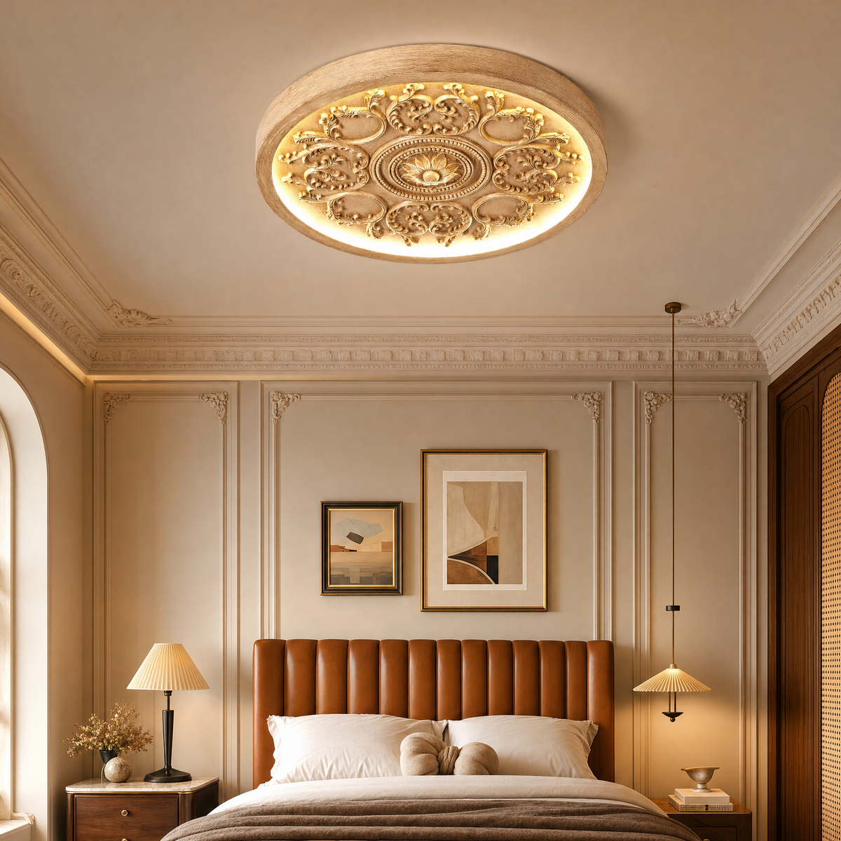 Wood rim flush mount ceiling light with carved relief in a classic bedroom